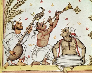 MS 8300, Detail von indischen Musikern, aus Storia do Mogor; oder Mogul Indien 1653-1708 von Niccolao Manucci, übersetzt von Stefano Nivibus Cardeira, Venedig, 1731